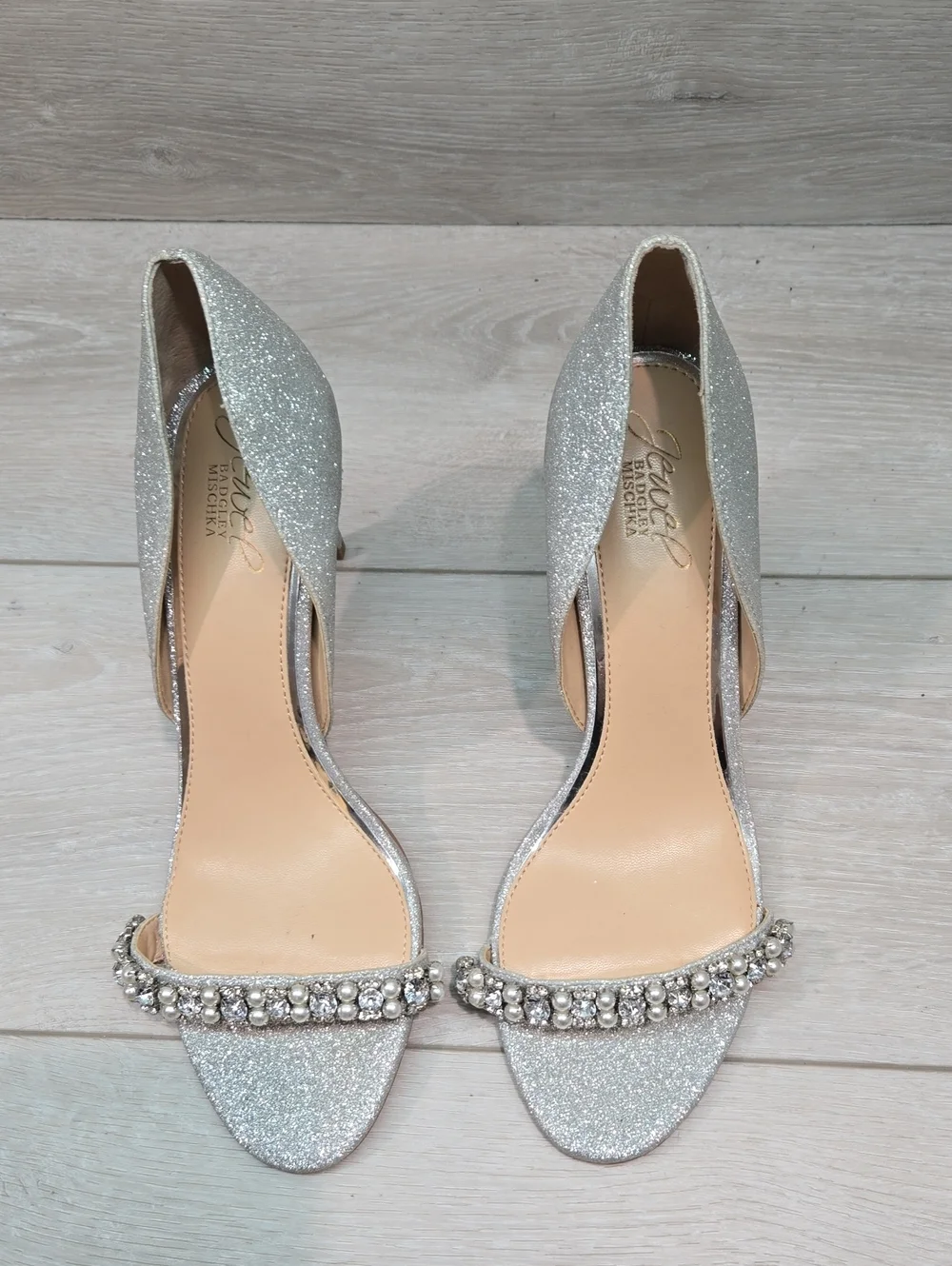 Jewel By Badgley Mischka Women Glitter OpenToe Heels Crystal Strap Shoes 9
